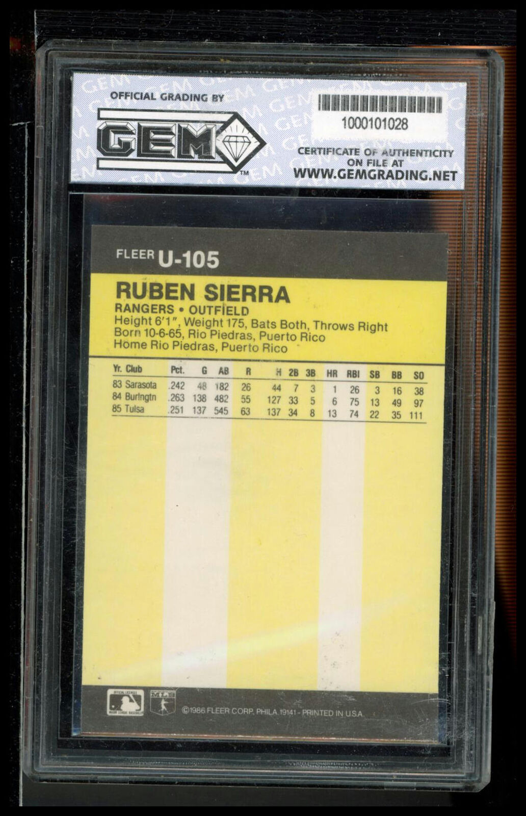 1986 Fleer Update #U-105 Ruben Sierra Other 10