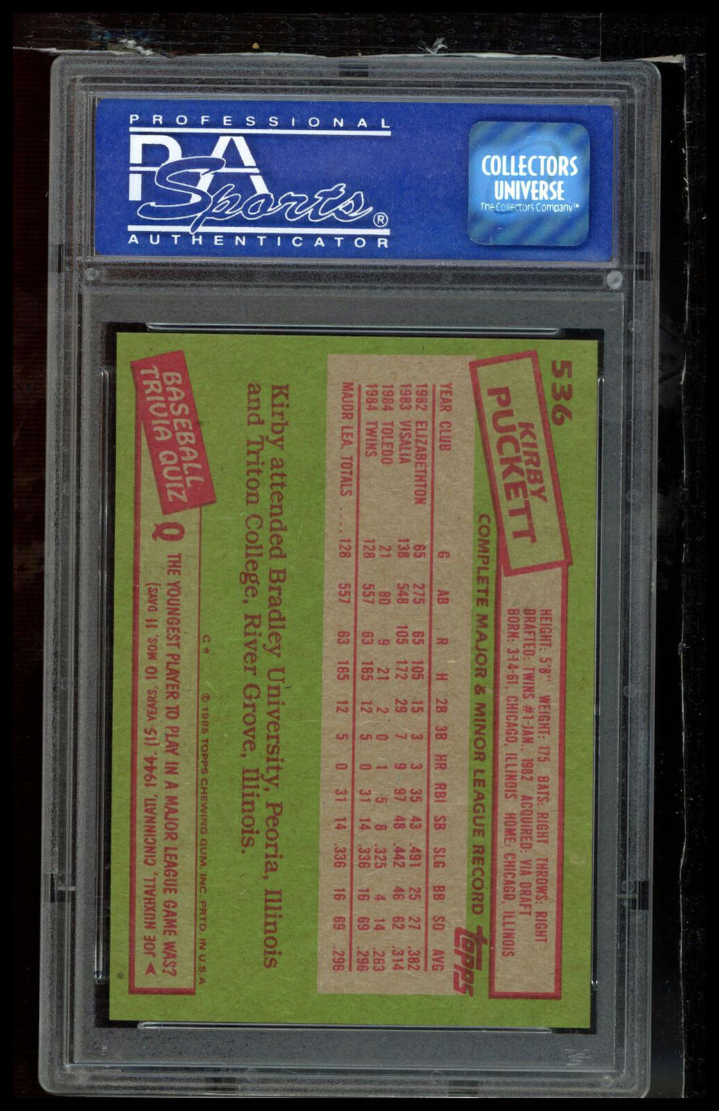 1985 Topps #536 Kirby Puckett PSA 8