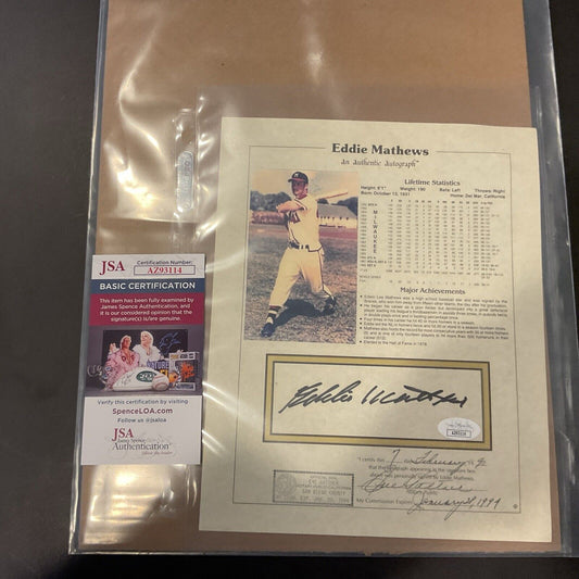 Eddie Mathews statistic signed achievement paper JSA COA 