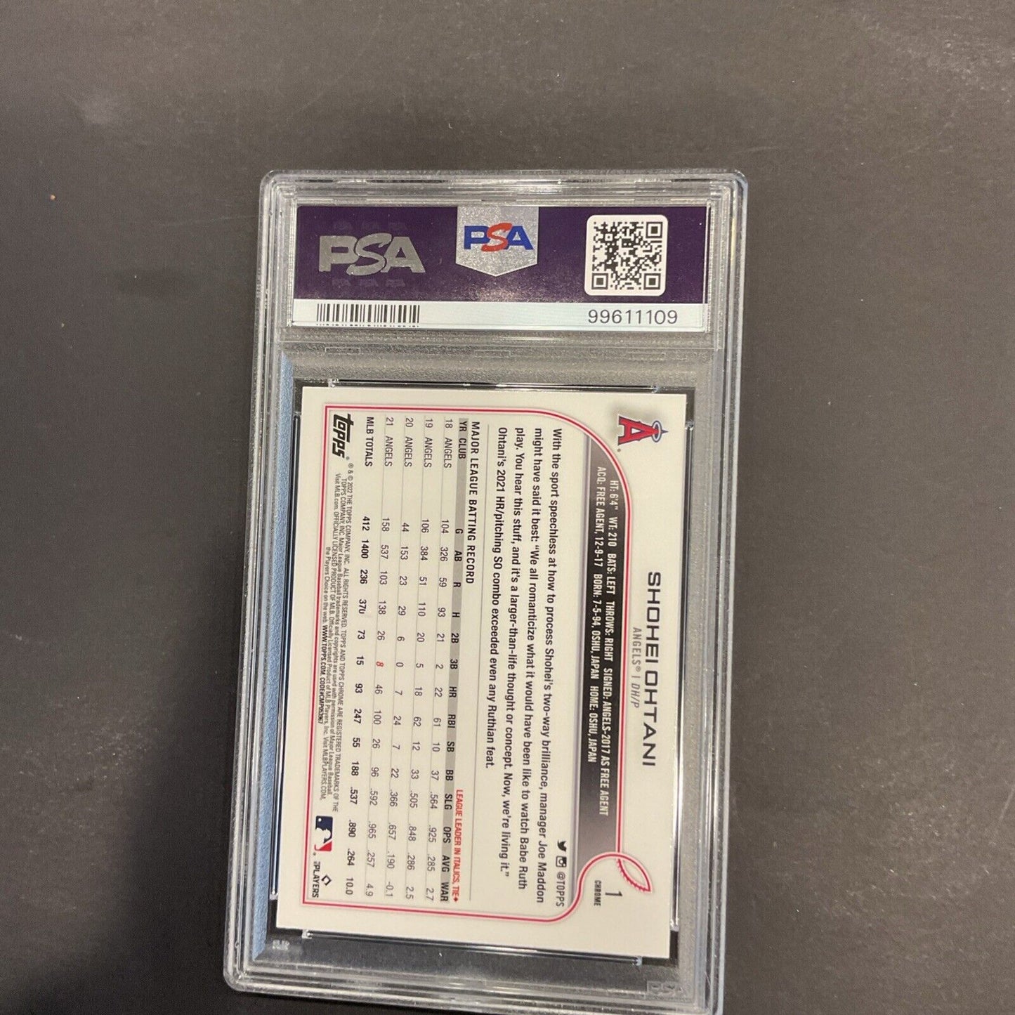 2022 TOPPS CHROME #1 SHOHEI OHTANI Prism REFRACTOR PSA 10