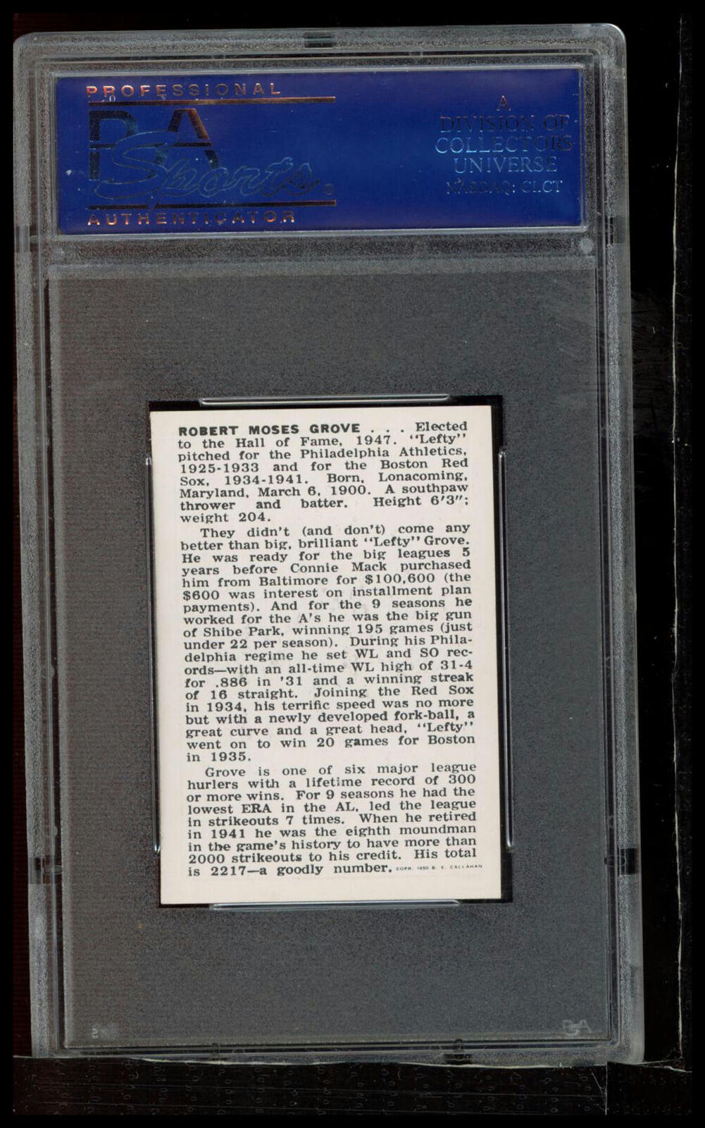 1950 Callahan Hall Of Fame Lefty Grove PSA 7