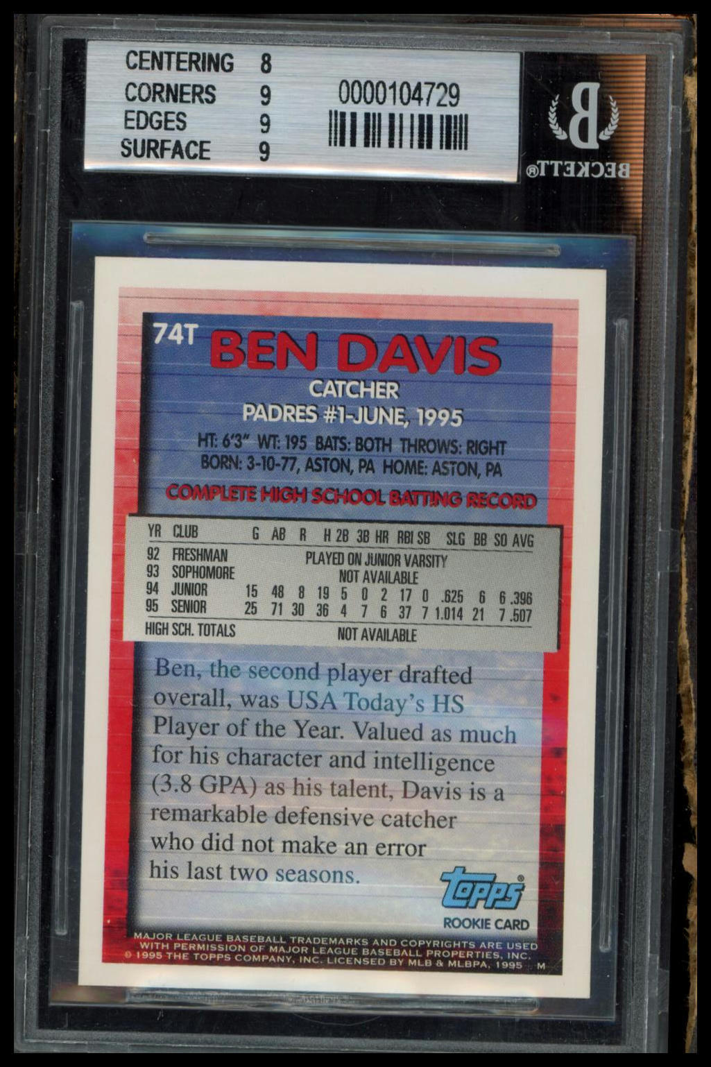 1995 Topps Traded & Rookies #74T Ben Davis BGS 8.5