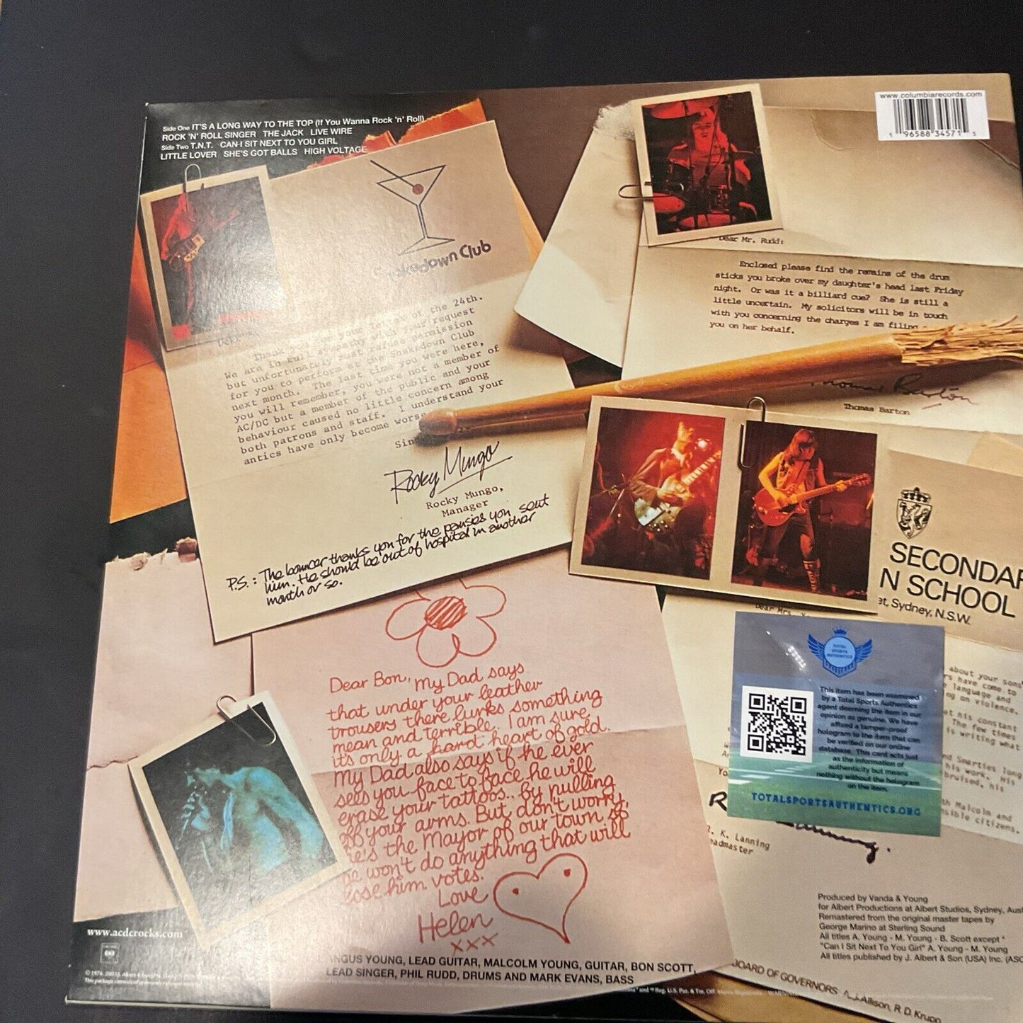 Autographed AC/DC high voltage album by Angus Malcolm Bryan and Phil COA 