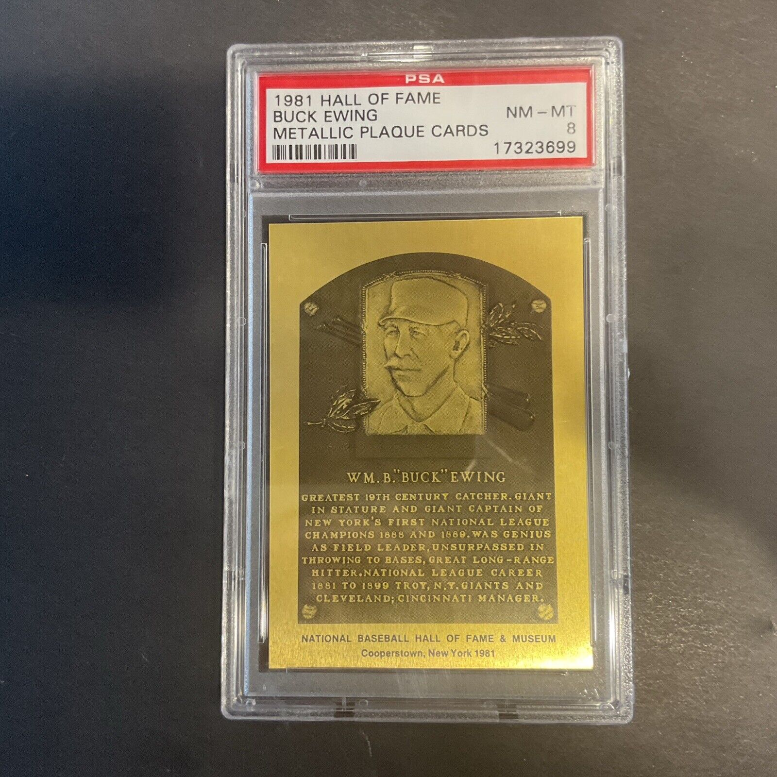 1981 Hall Of Fame Buck Ewing Metallic Plaque Card PSA 8