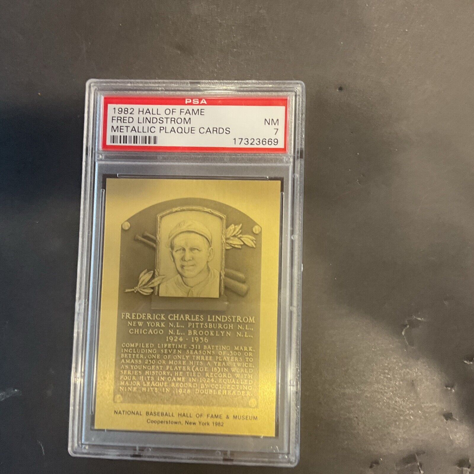 1982 Hall of Fame Fred Lindstrom Metallic plaque card PSA 7