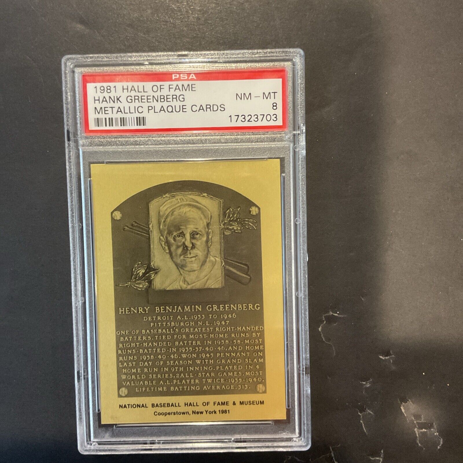 1981 Hall of Fame Hank Greenberg metallic placard PSA 8
