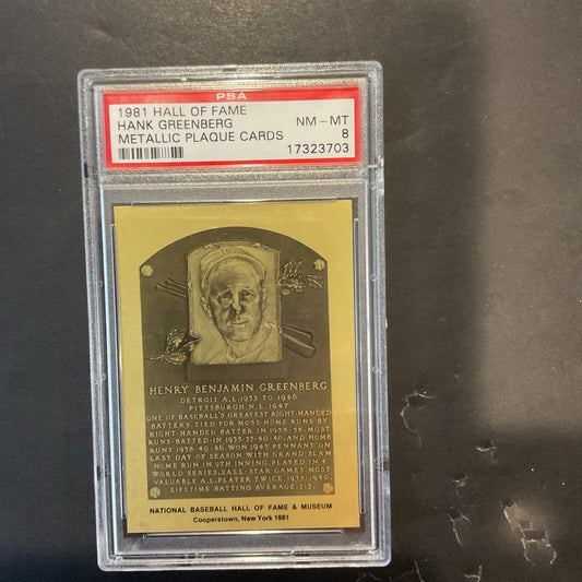 1981 Hall of Fame Hank Greenberg metallic placard PSA 8