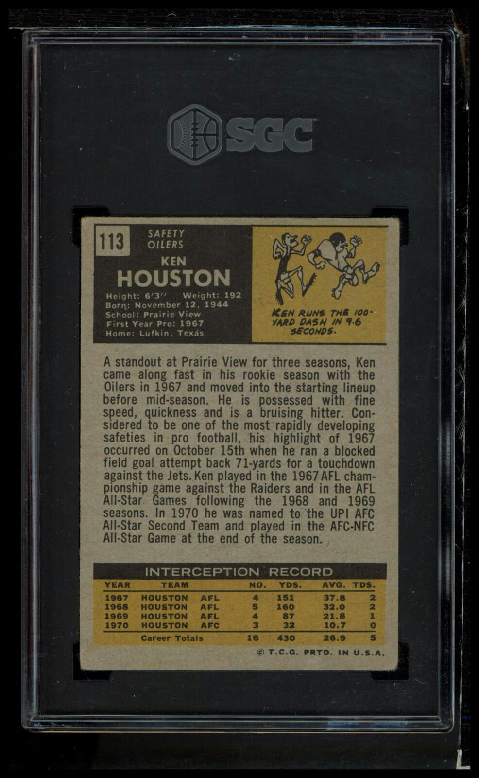 1971 Topps #113 Ken Houston SGC 3