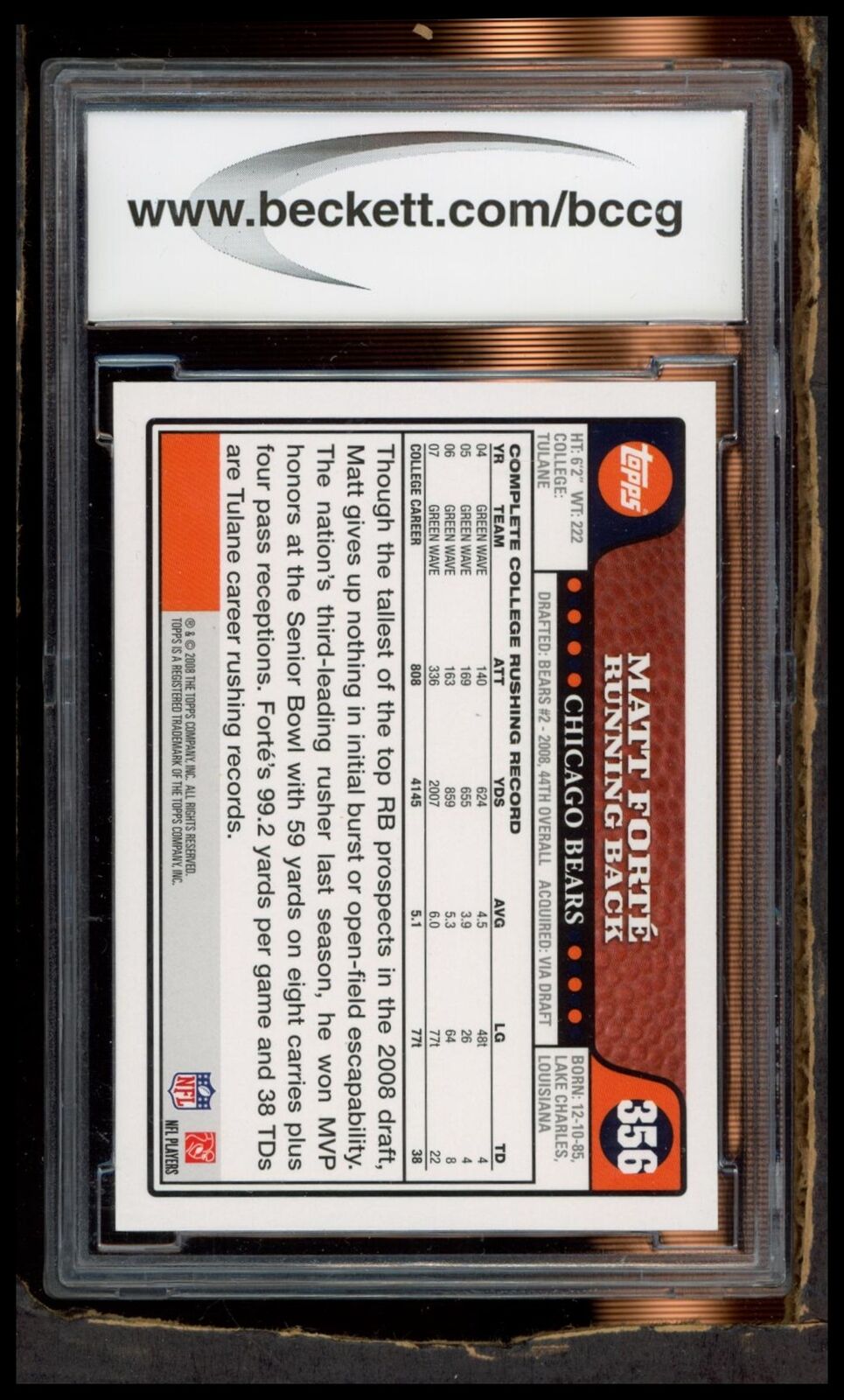 2008 Topps #356 Matt Forte Gold Foil BCCG 10