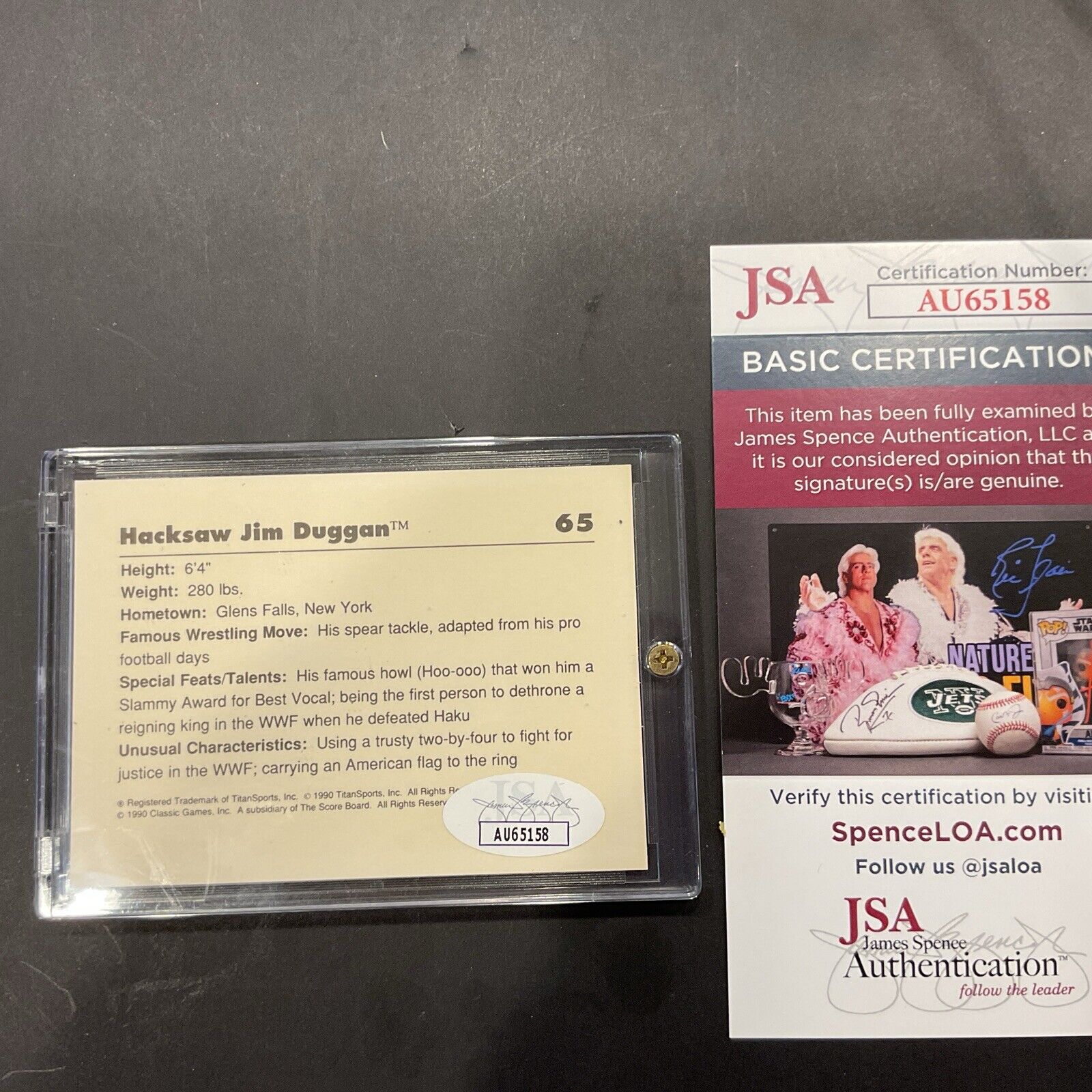 Autographed hacksaw Jim Duggan 1990  card number 65 JACOA