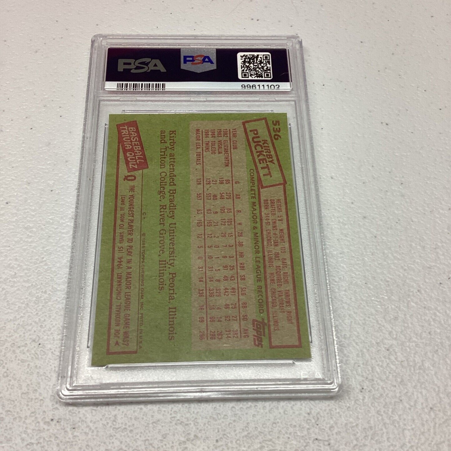 1985 Topps #536 Kirby Puckett PSA Grade 8