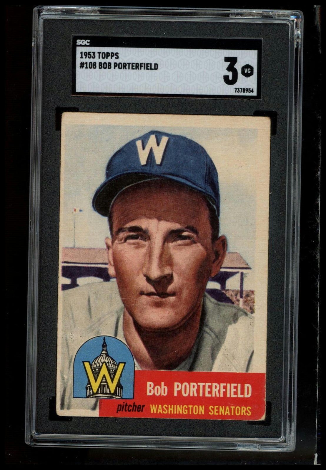 1953 Topps #108b Bob Porterfield Bio uses black text SGC 3