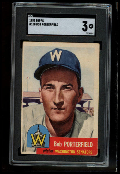 1953 Topps #108b Bob Porterfield Bio uses black text SGC 3