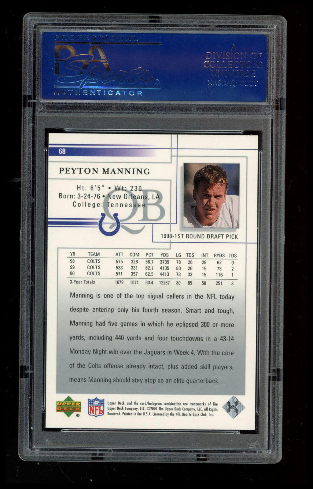 2001 Upper Deck #68 Peyton Manning PSA 9