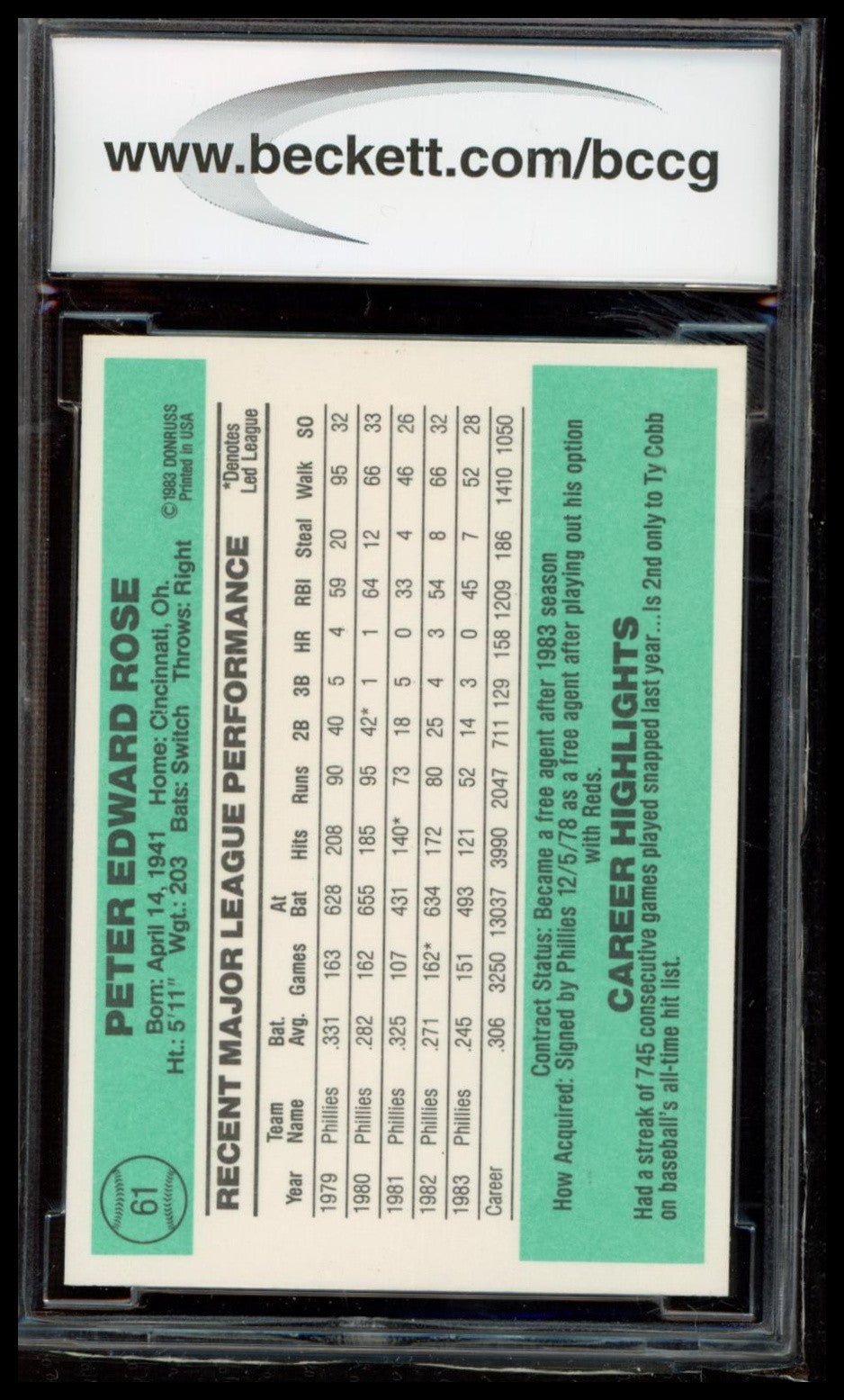 1984 Donruss #61 Pete Rose BCCG 10