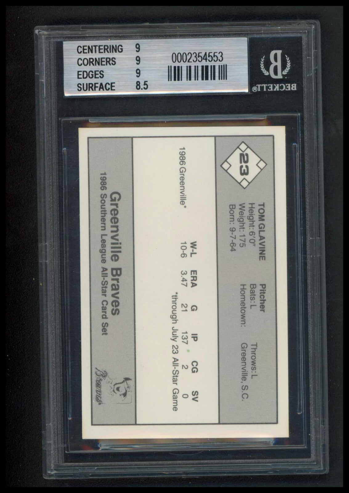 1986 Jennings Southern League All-Stars #23 Tom Glavine BGS 9