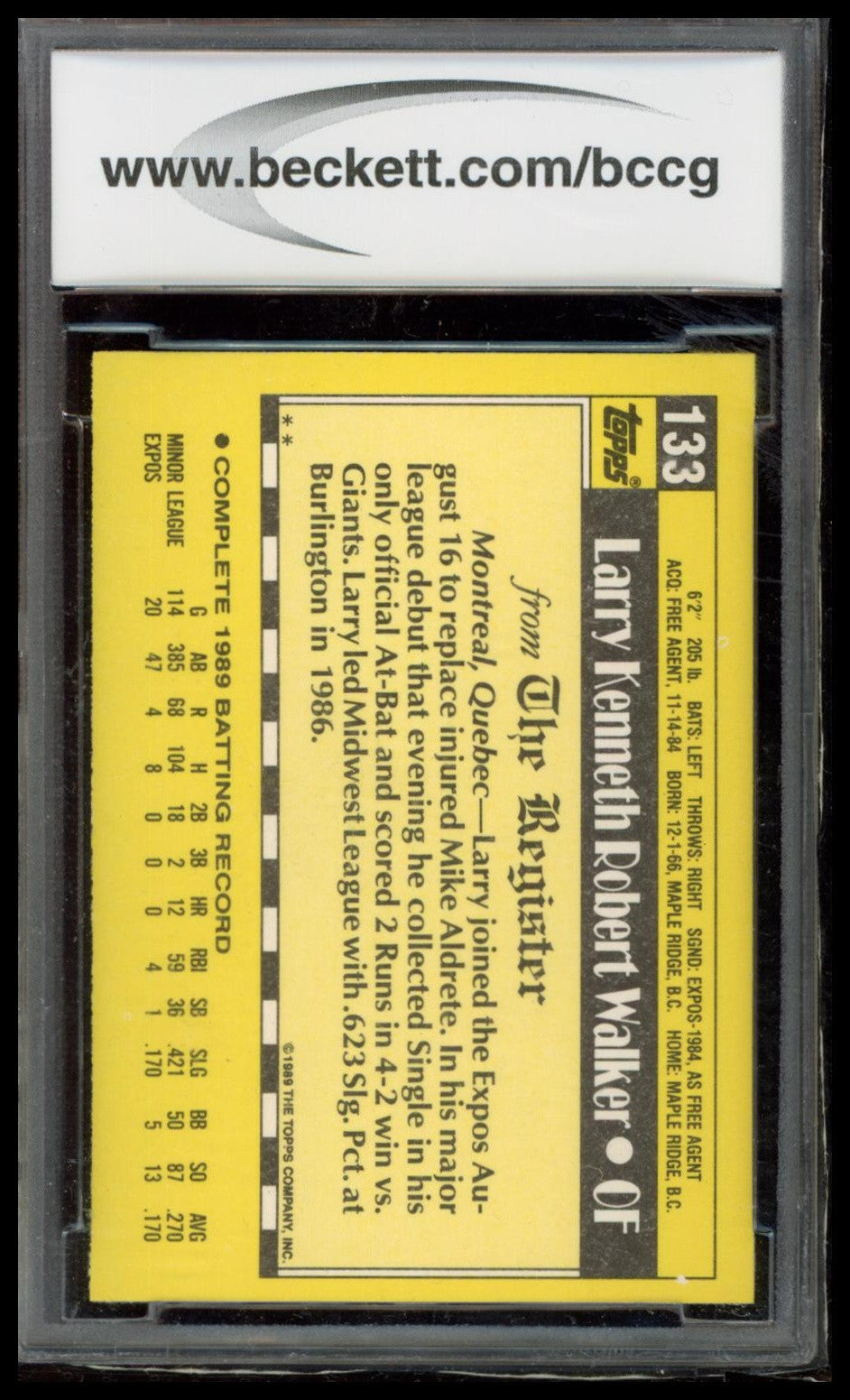 1990 Topps Major League Debut 1989 #133 Larry Walker BCCG 10