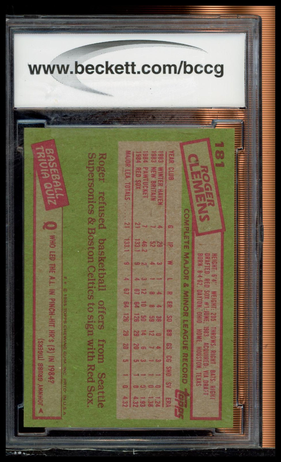 1985 Topps #181 Roger Clemens BCCG 9