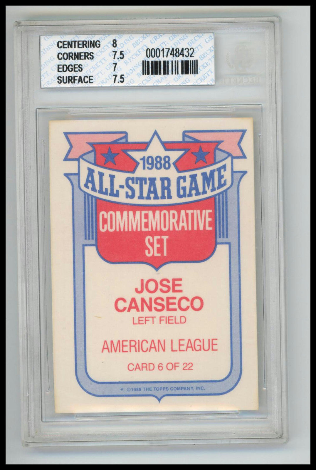 1989 Topps #12 Jose Canseco 1989 All-Star Set Collector's Edition  BGS 7.5