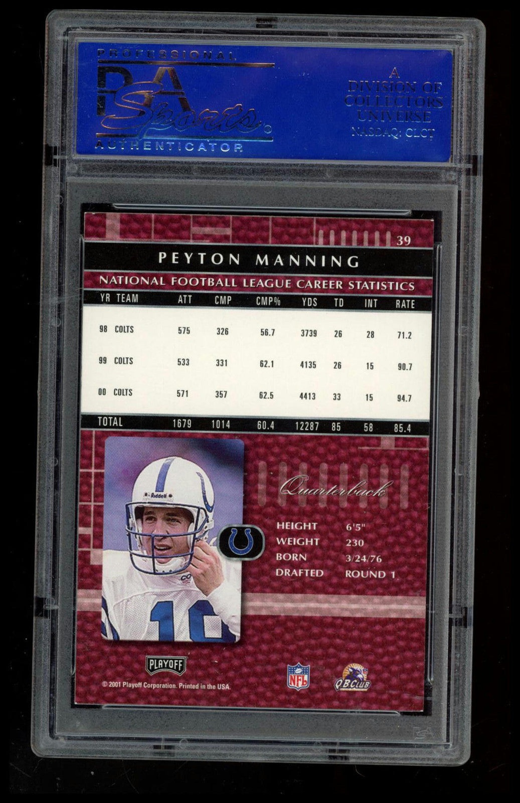2001 Playoff Absolute Memorabilia #39 Peyton Manning Memorabilia PSA 9