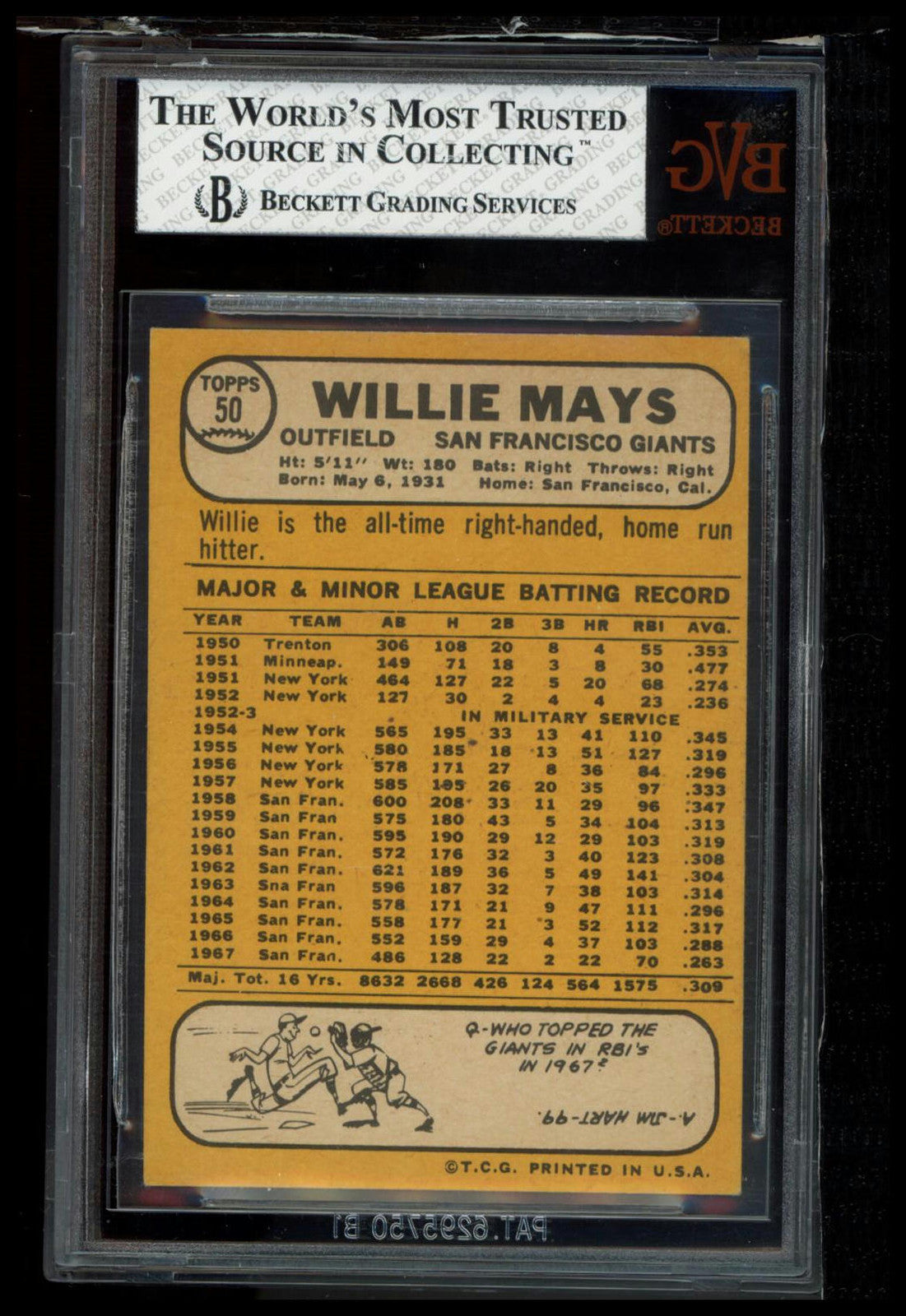 1968 Topps #50 Willie Mays BVG 6.5