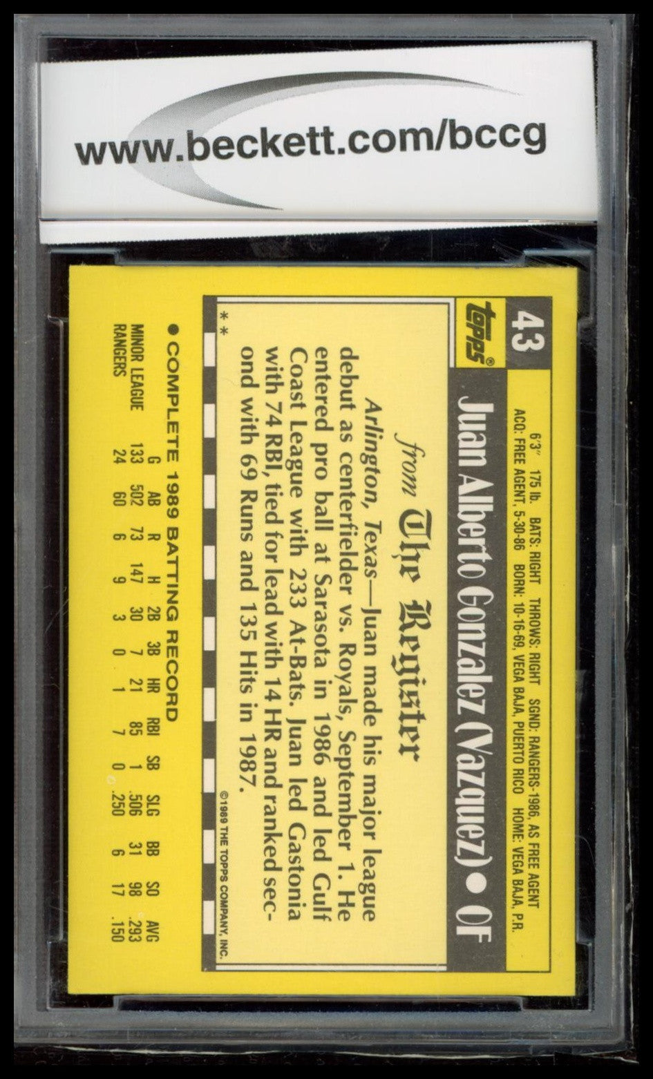 1990 Topps Major League Debut 1989 #43 Juan Gonzalez BCCG 10