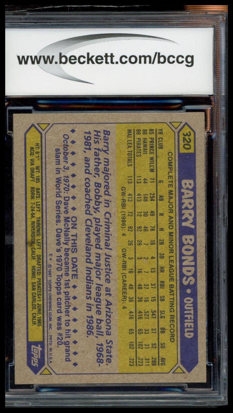 1987 Topps #320 Barry Bonds BCCG 8