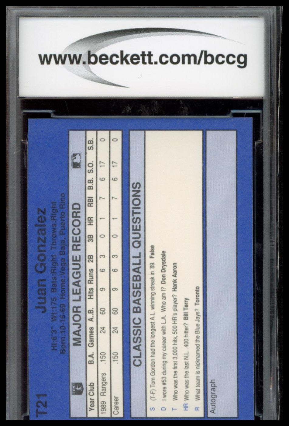 1990 Classic Update #T21 Juan Gonzalez BCCG 10