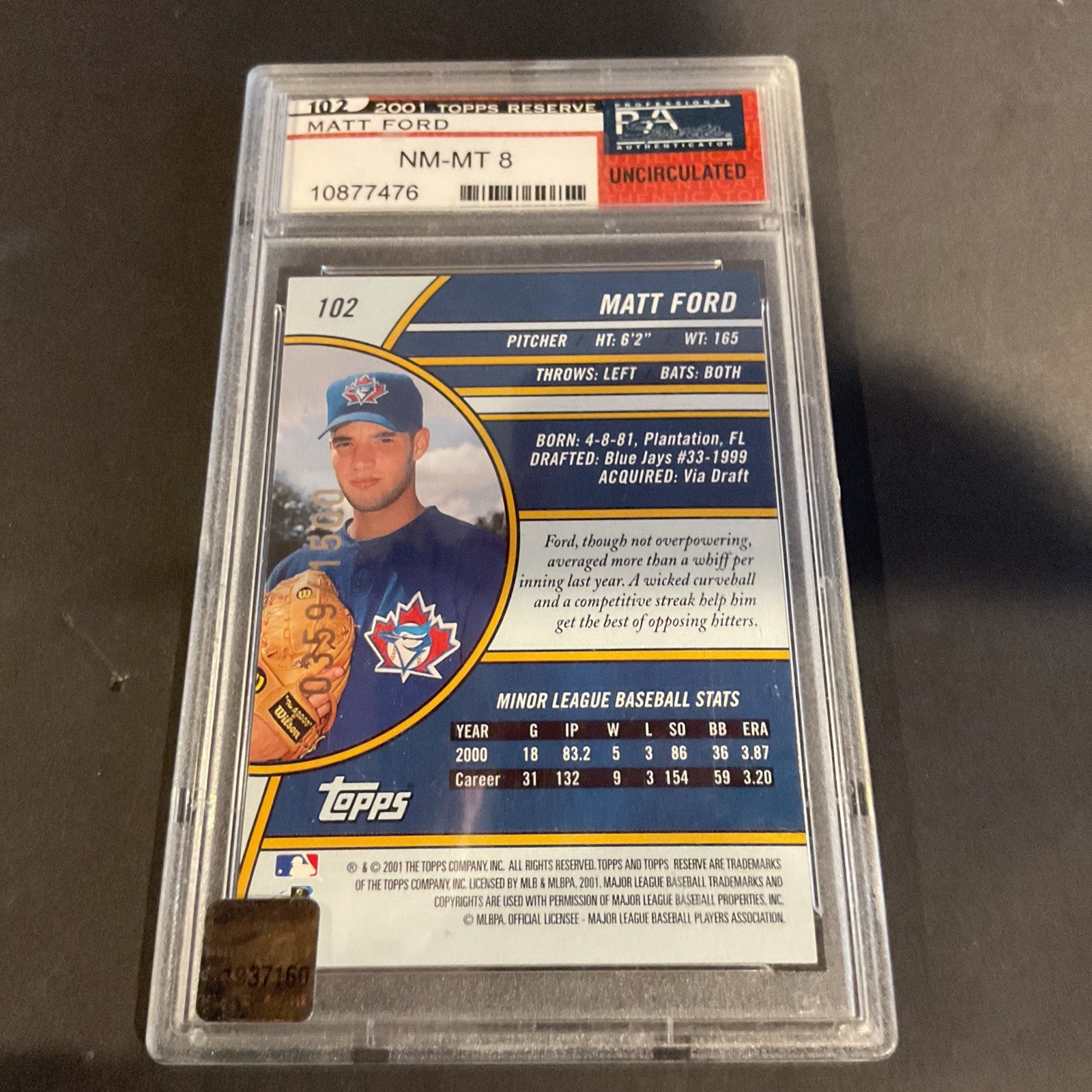 2001 Topps Reserve #102 Matt Ford Psa 8 Signature( Uncirculated)