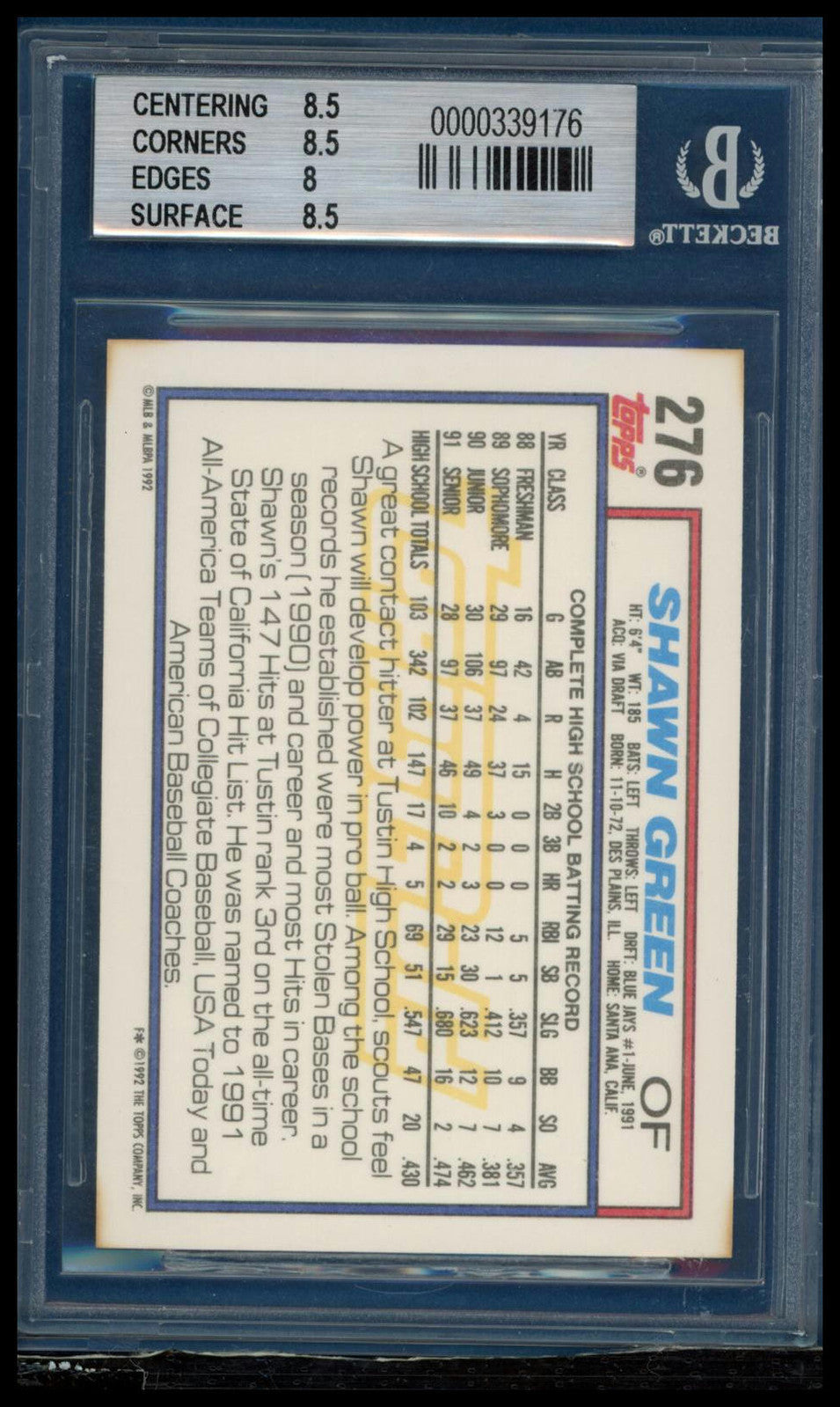 1992 Topps #276 Shawn Green Gold BGS 9