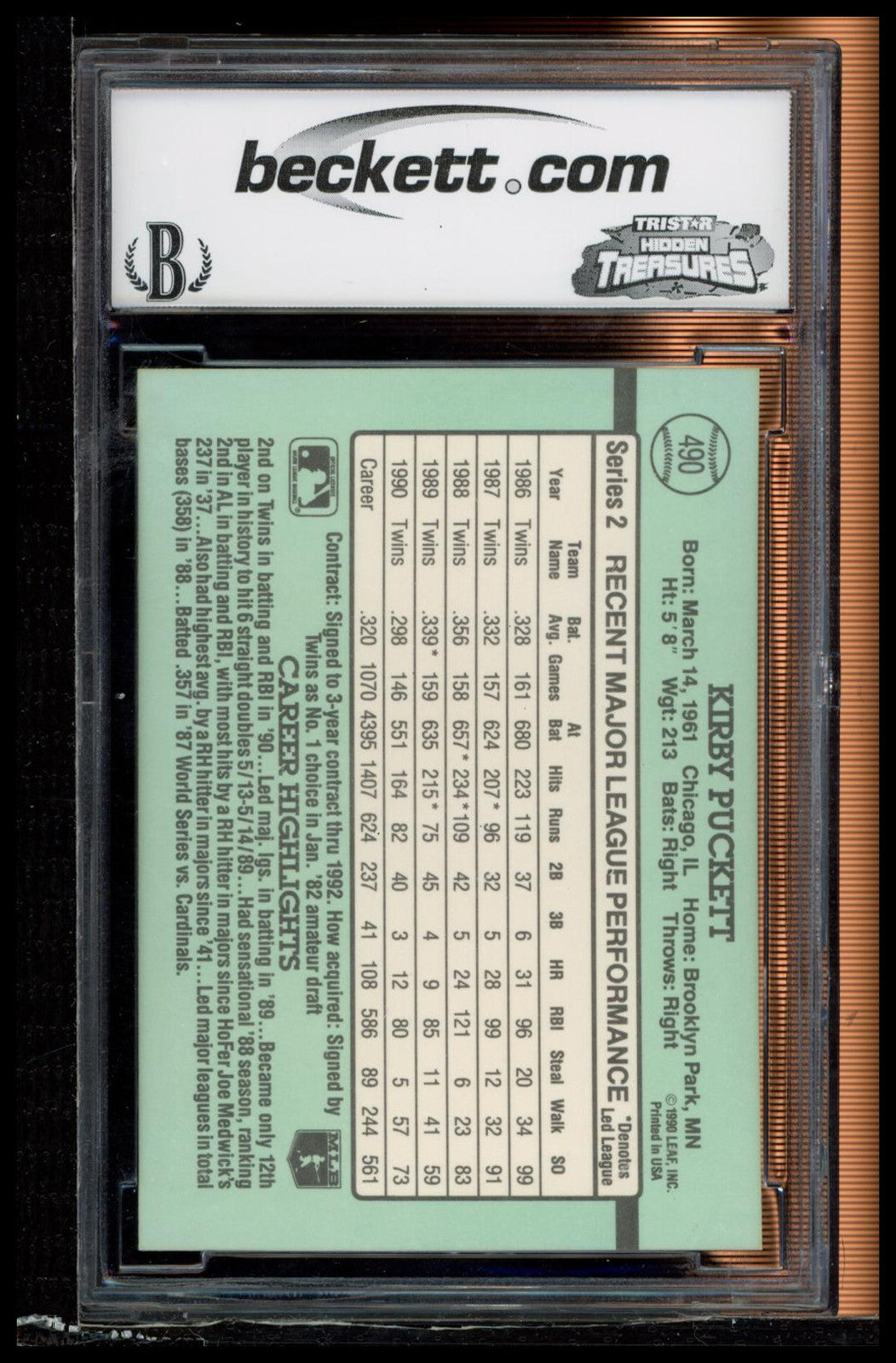 1991 Donruss #490b Kirby Puckett BCCG 9