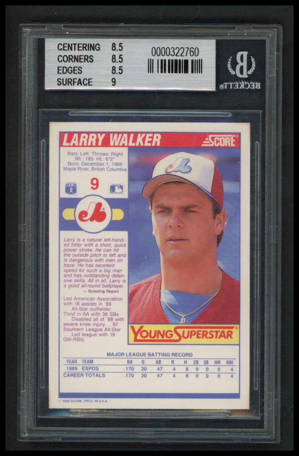 1990 Score #9 Larry Walker Young Superstars II BGS 8.5