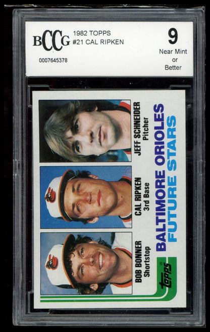1982 Topps #21 Orioles Future Stars (Bonner / Cal Ripken / Schneider) BCCG 9