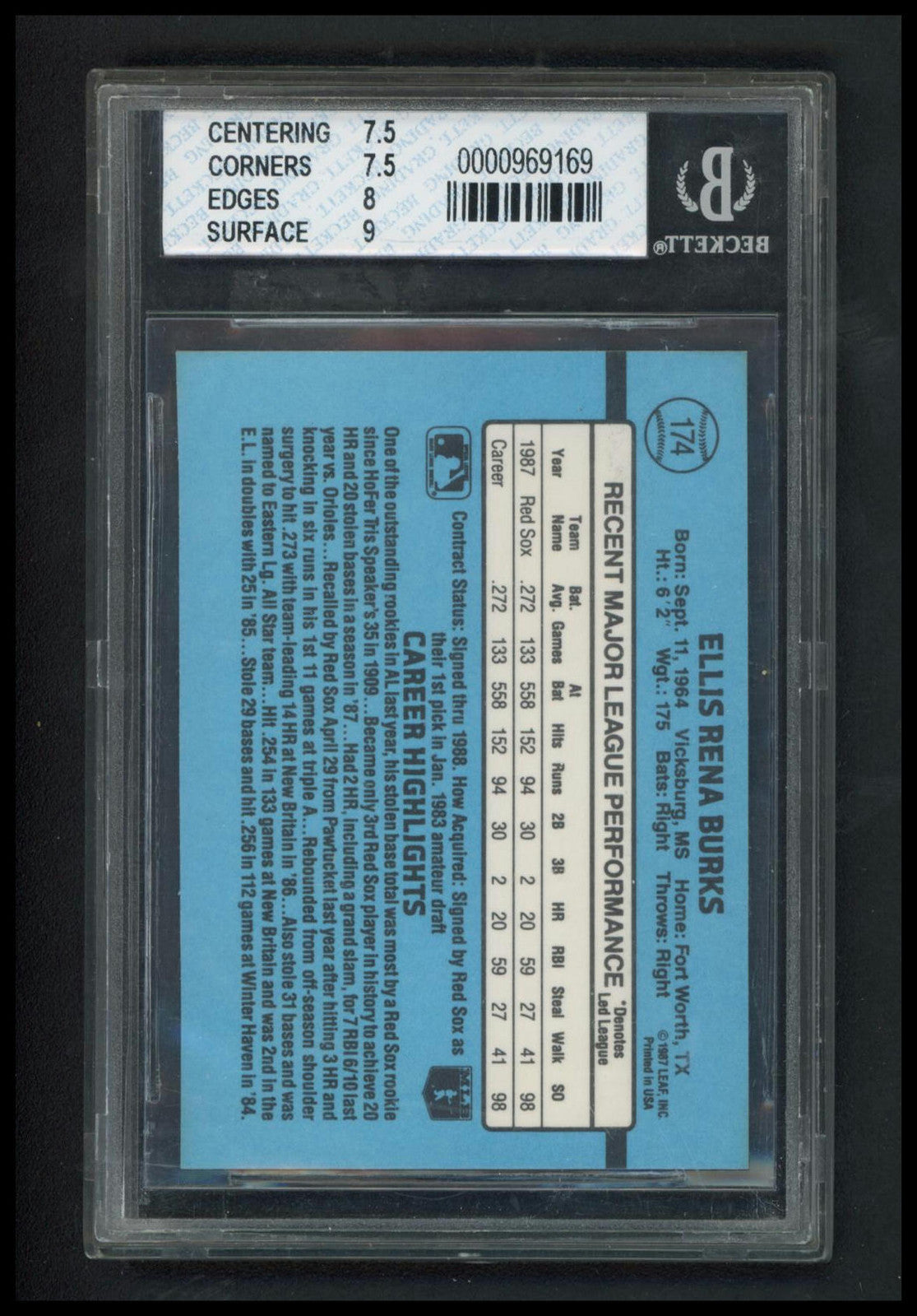 1988 Donruss #174b Ellis Burks BGS 7.5