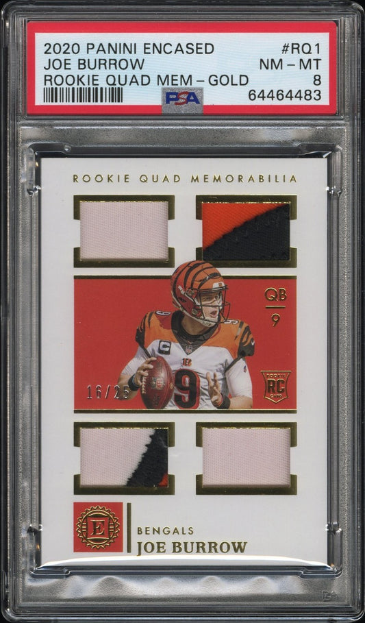 2020 Panini Encased #RQ1 Joe Burrow Rookie Quad Mem-Gold PSA 8