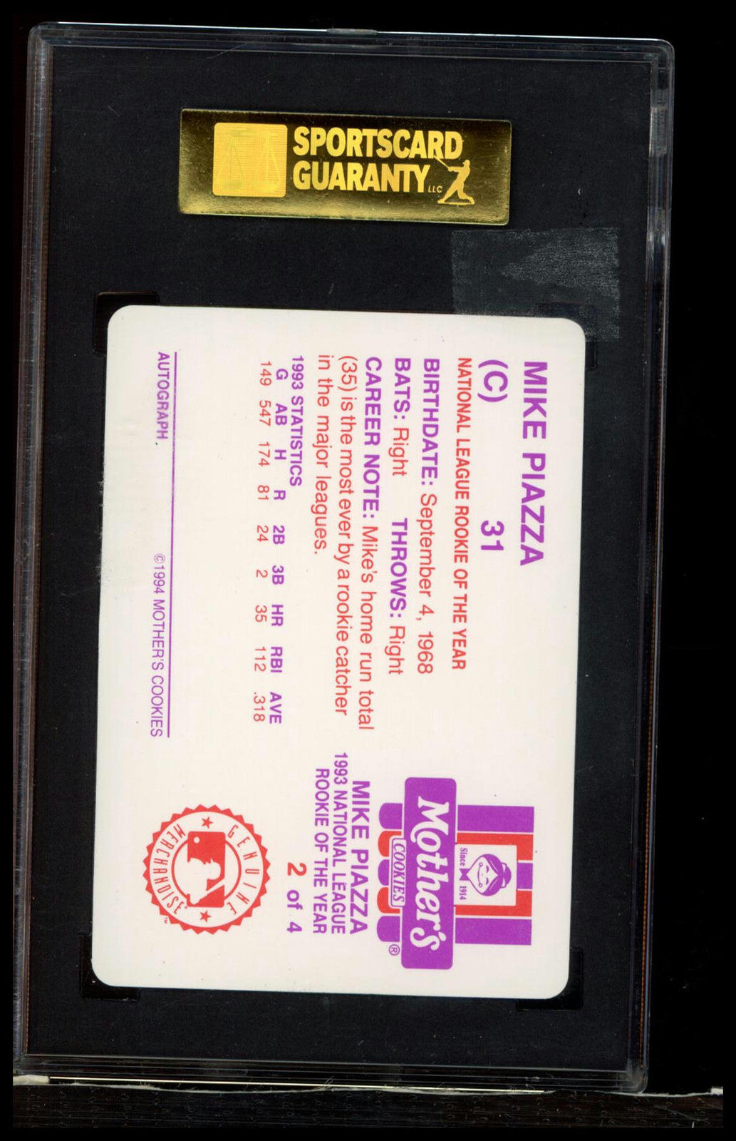 1994 Mother's Cookies Mike Piazza #2 Mike Piazza SGC 9