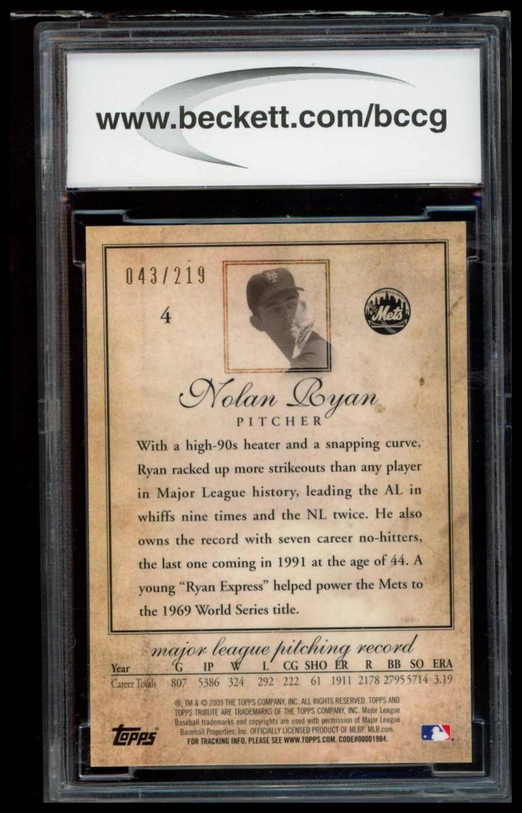 2009 Topps Tribute - Relics Blue #4 Nolan Ryan BCCG 10 #/75