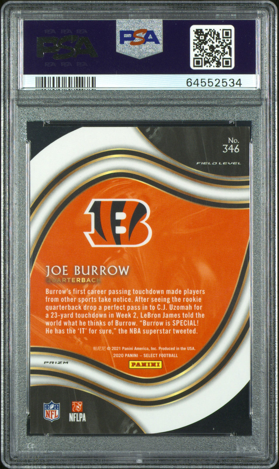 2020 Panini Select #346 Joe Burrow Die-Cut Purple Prizm PSA 10