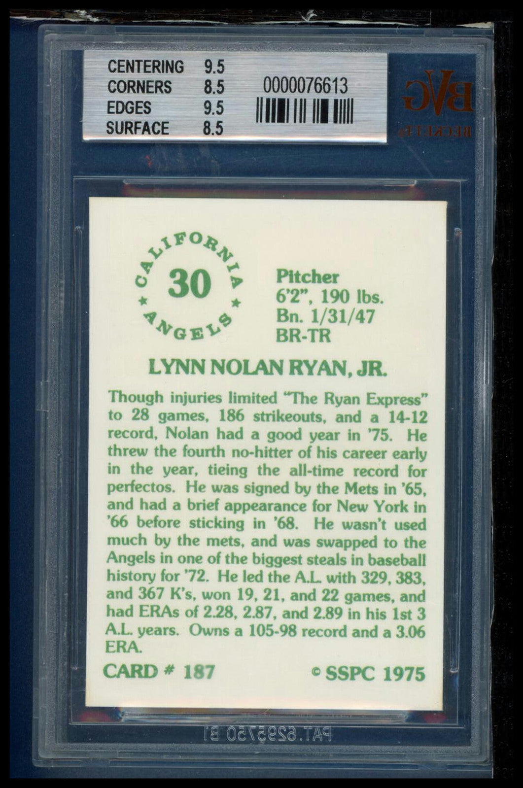 1976 SSPC #187 Nolan Ryan BVG 8.5