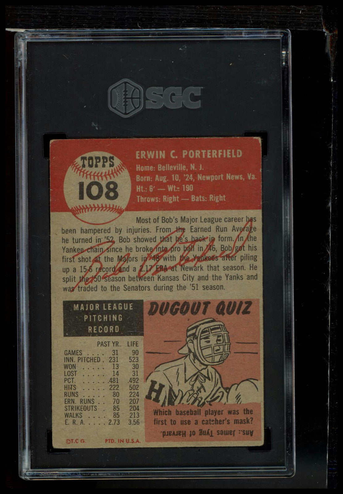 1953 Topps #108b Bob Porterfield Bio uses black text SGC 3