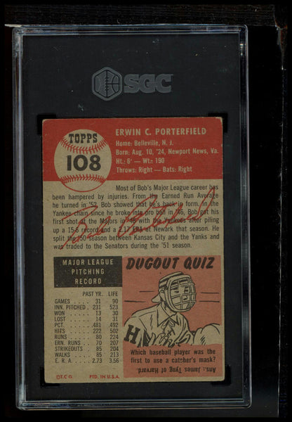 1953 Topps #108b Bob Porterfield Bio uses black text SGC 3