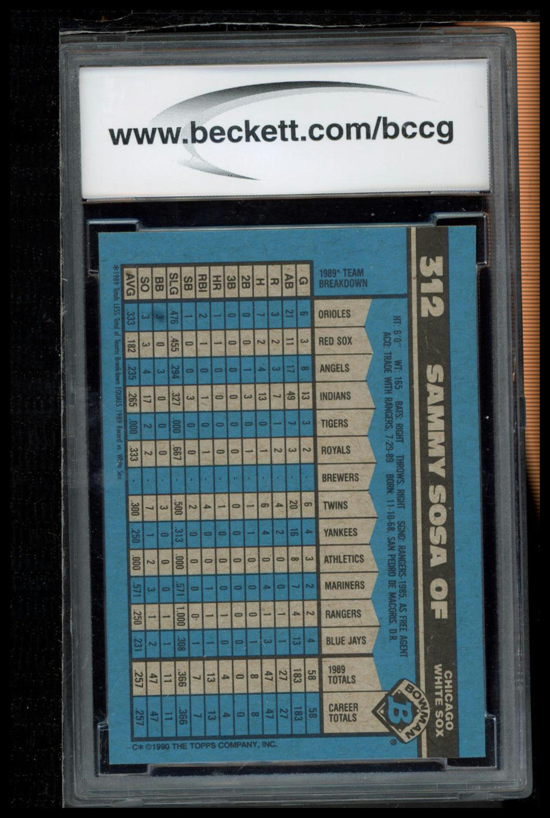 1990 Bowman #312 Sammy Sosa BCCG 9