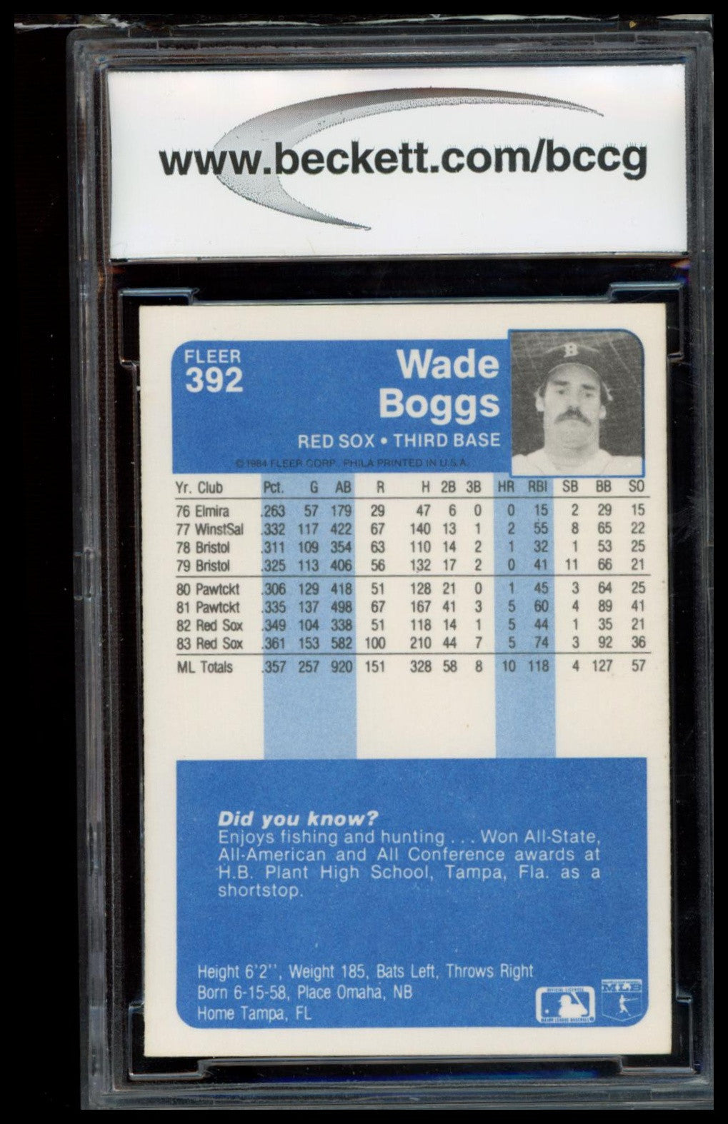 1984 Fleer #392 Wade Boggs BCCG 9