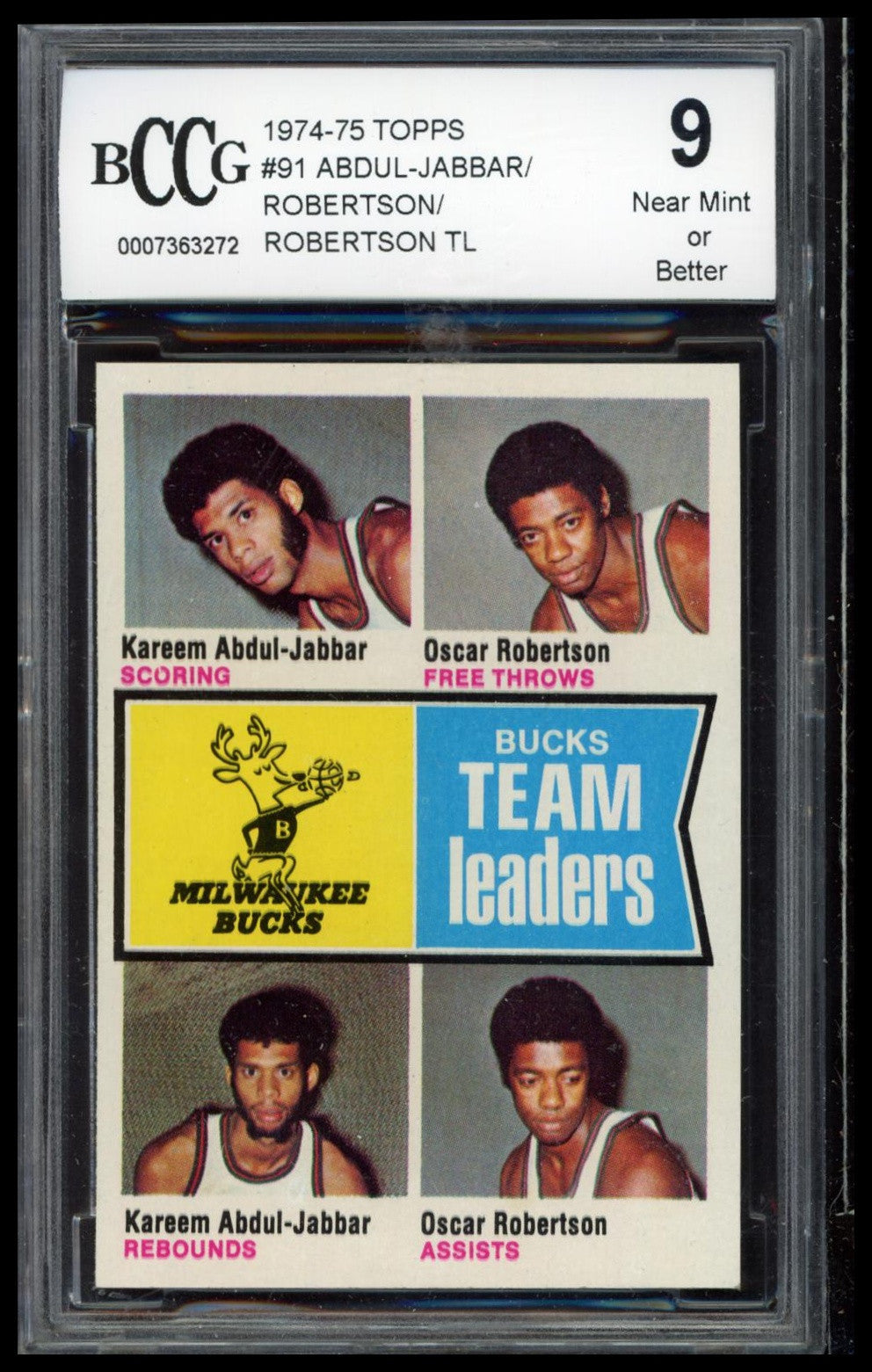 1974-75 Topps #91 Milwaukee Bucks Team Leaders Jabbar/Robertson SGC 9