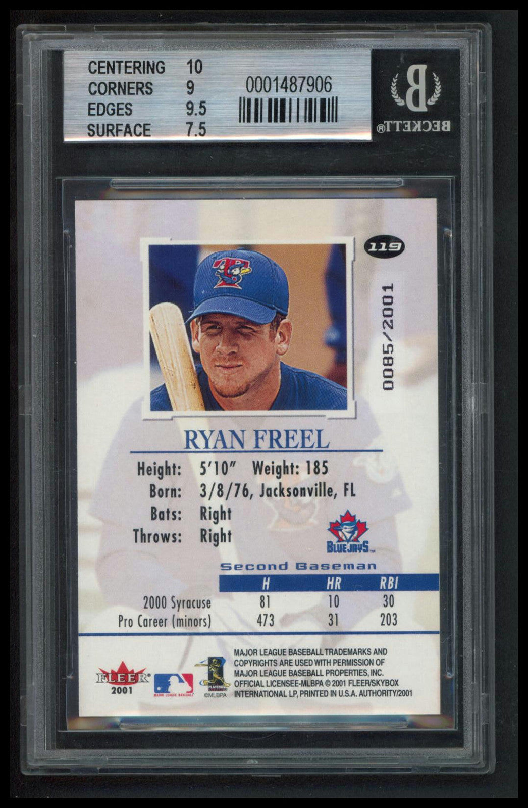 2001 Fleer Authority #119 Ryan Freel BGS 8.5 #/2001