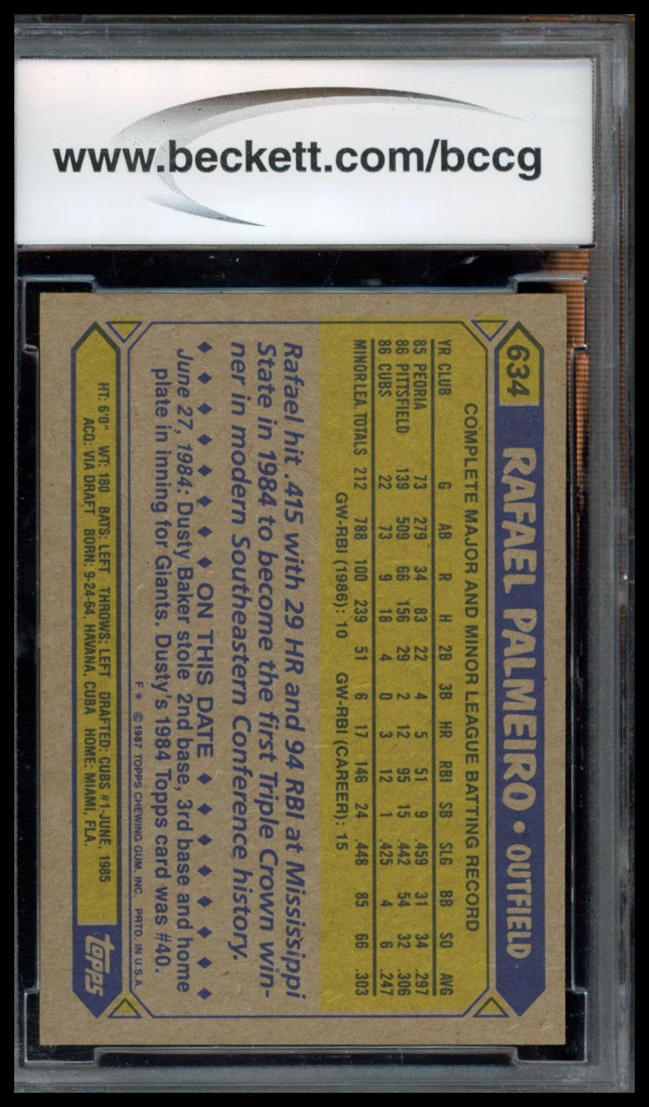 1987 Topps #634 Rafael Palmeiro BCCG 9