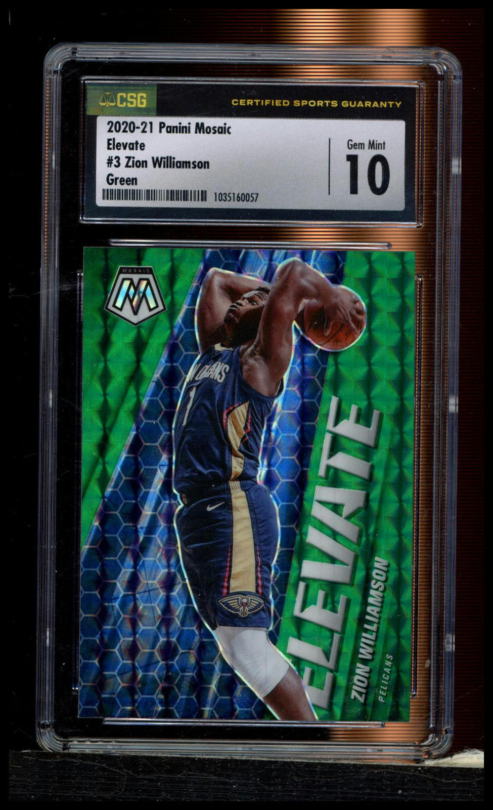 2020-21 Panini Mosaic #3 Zion Williamson Elevate Mosaic Green SGC 10