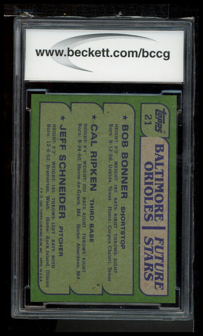1982 Topps #21 Orioles Future Stars (Bonner / Cal Ripken / Schneider) BCCG 9