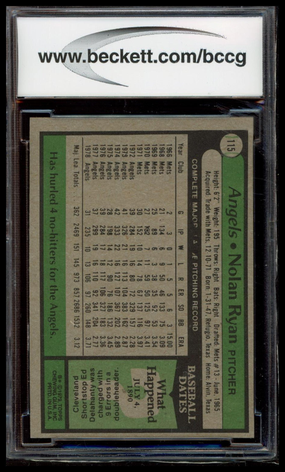 1979 Topps #115 Nolan Ryan BCCG 9