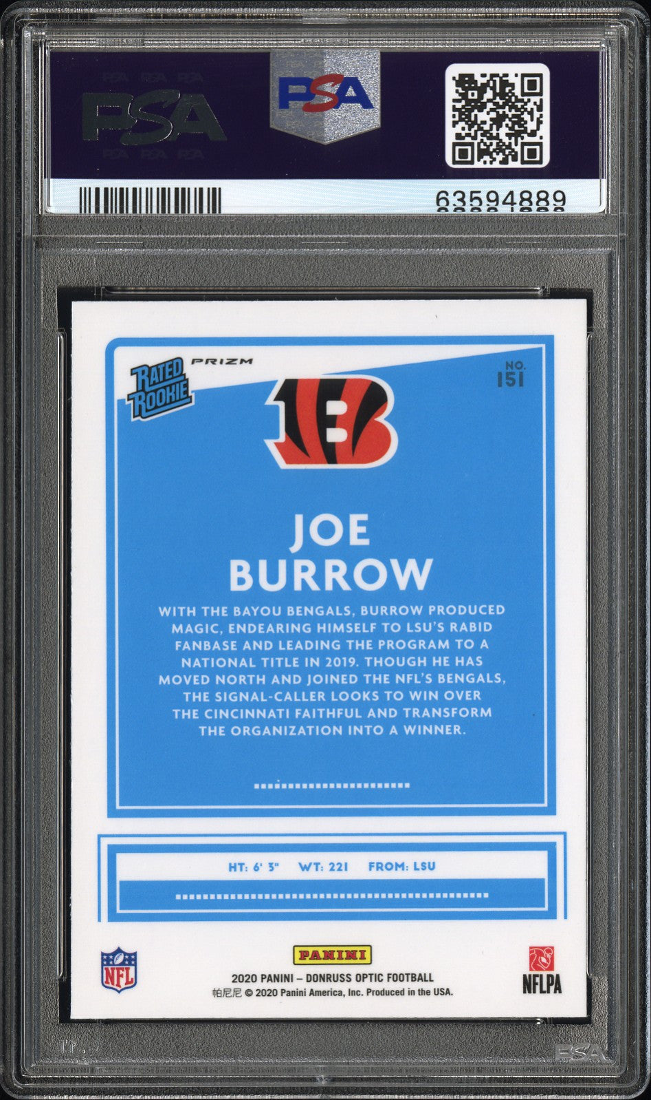 2020 Panini Donruss Optic #151 Joe Burrow Blue Hyper PSA 10 #/299